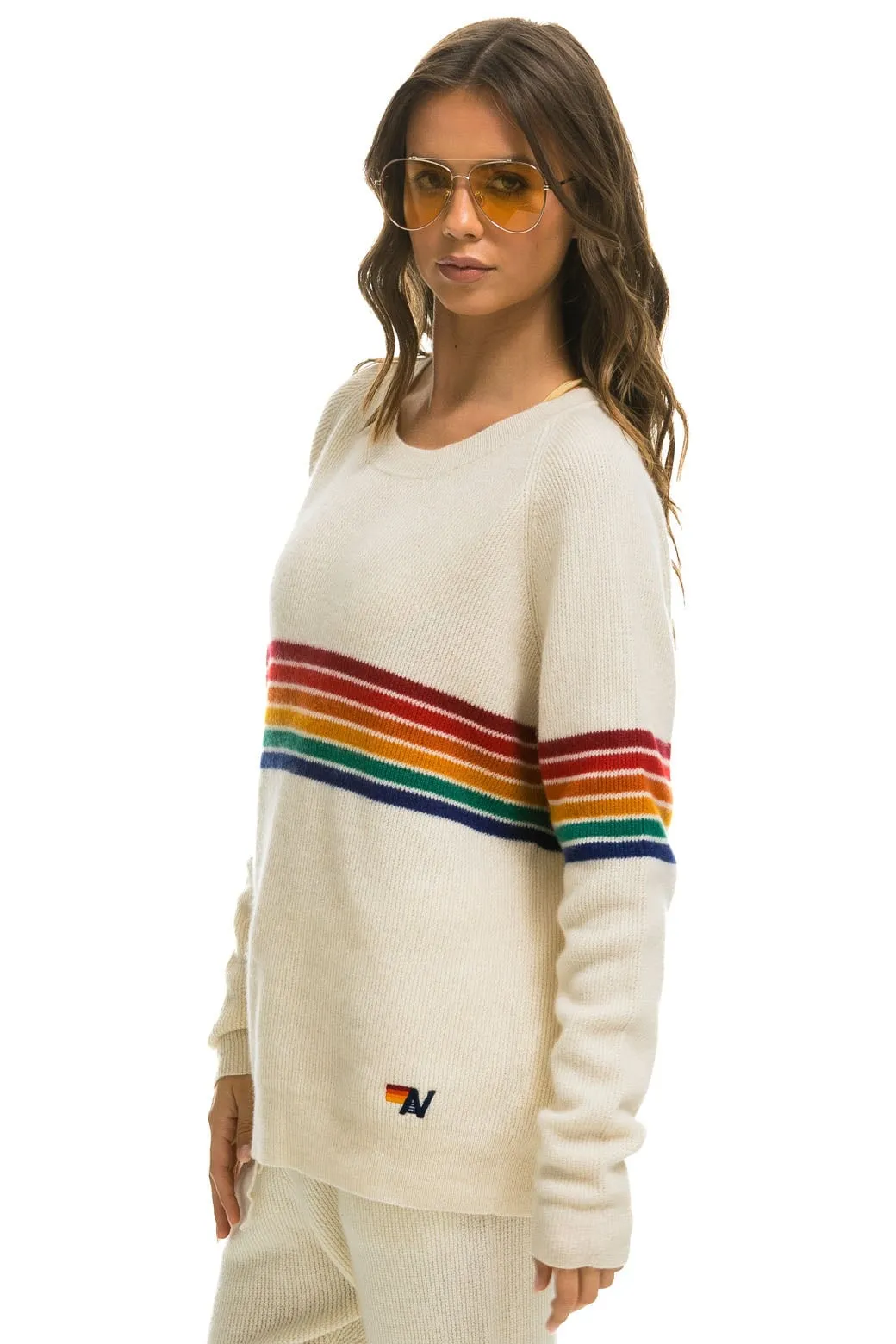 RAINBOW STRIPE 6 UNISEX CASHMERE SWEATER - VINTAGE WHITE sold by Aviator Nation product image thumbnail 3