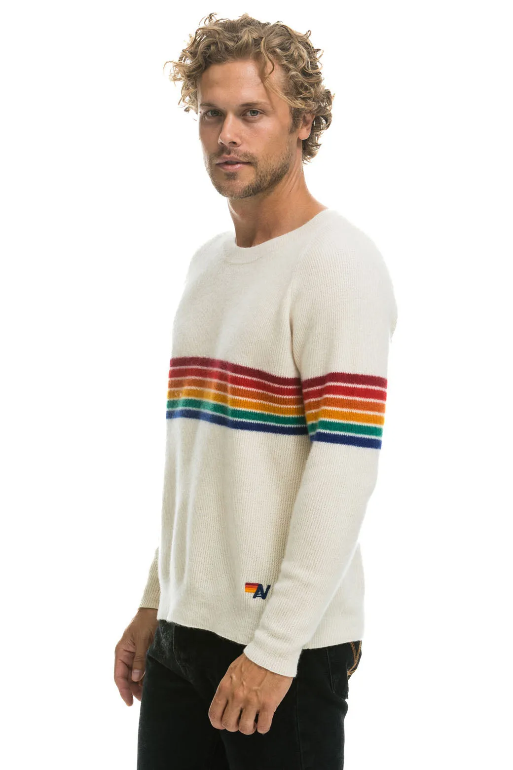 RAINBOW STRIPE 6 UNISEX CASHMERE SWEATER - VINTAGE WHITE sold by Aviator Nation product image thumbnail 4