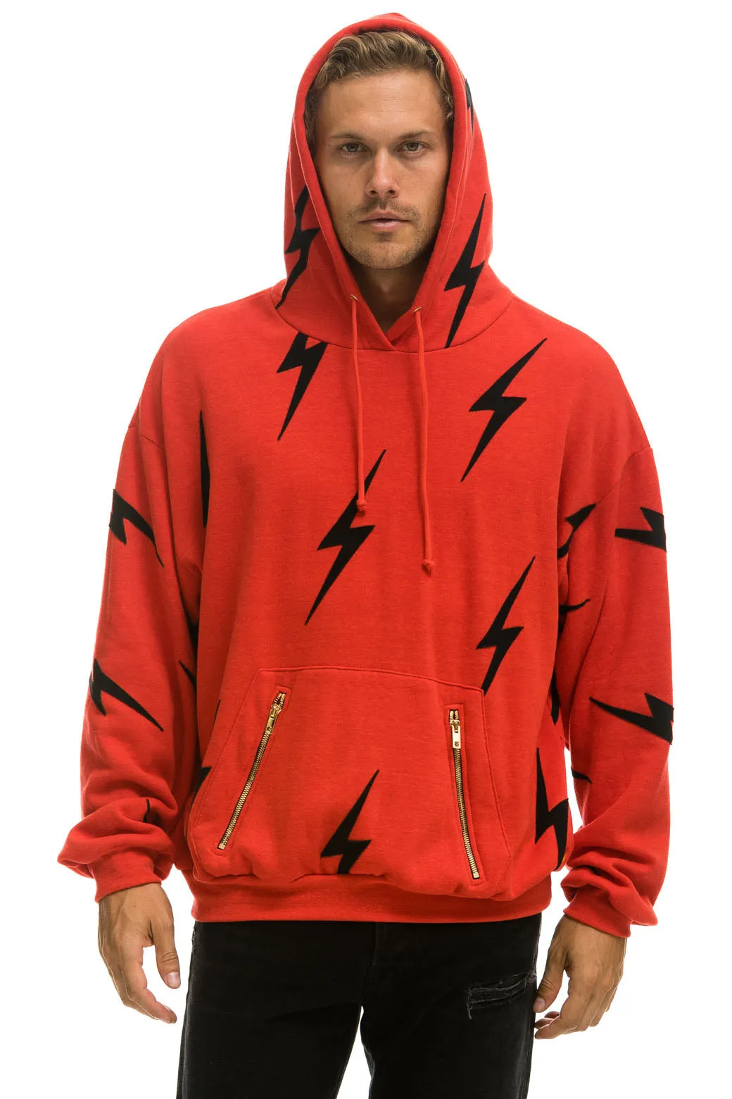 BOLT STITCH REPEAT RELAXED PULLOVER HOODIE WITH POCKET ZIPPERS - RED // BLACK sold by Aviator Nation product image thumbnail 2