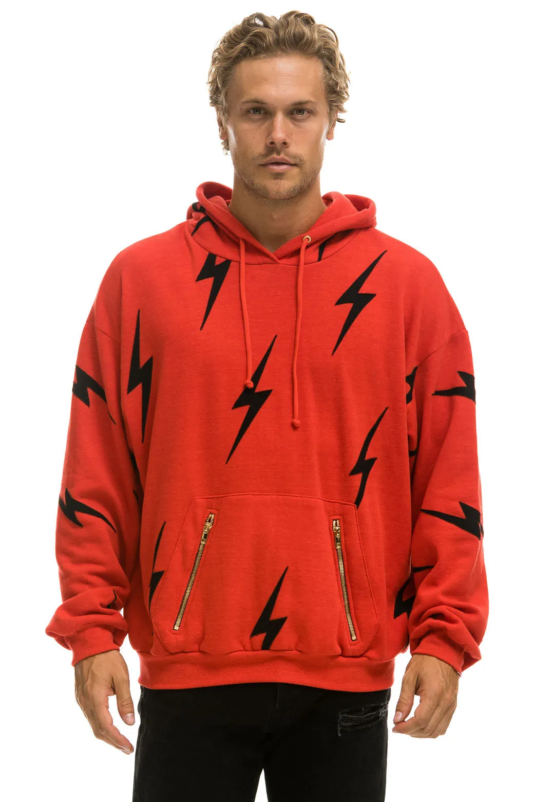 BOLT STITCH REPEAT RELAXED PULLOVER HOODIE WITH POCKET ZIPPERS - RED // BLACK sold by Aviator Nation product image thumbnail 4