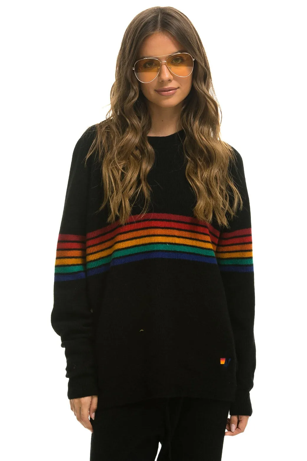 RAINBOW STRIPE 6 UNISEX CASHMERE SWEATER - BLACK sold by Aviator Nation
