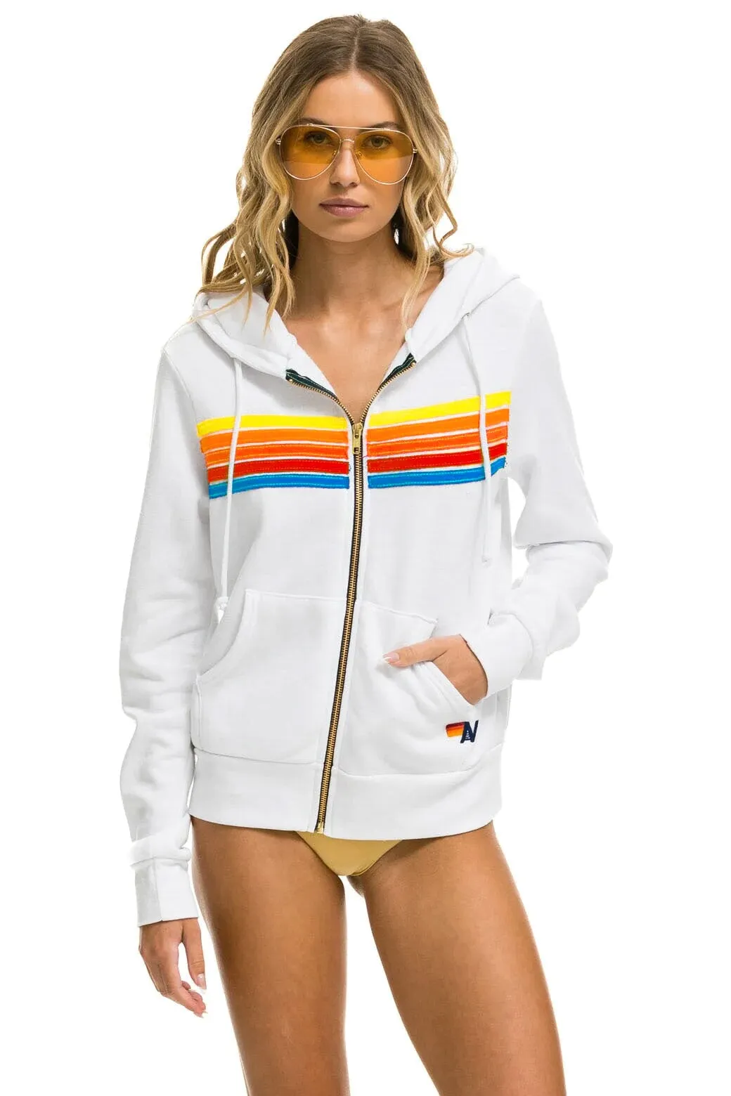 5 STRIPE HOODIE - WHITE // NEON RAINBOW sold by Aviator Nation