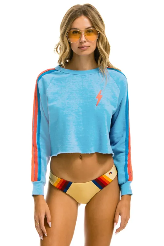 BOLT EMBROIDERY CLASSIC CROPPED CREW SWEATSHIRT - SKY // NEON RAINBOW STRIPES made by Aviator Nation