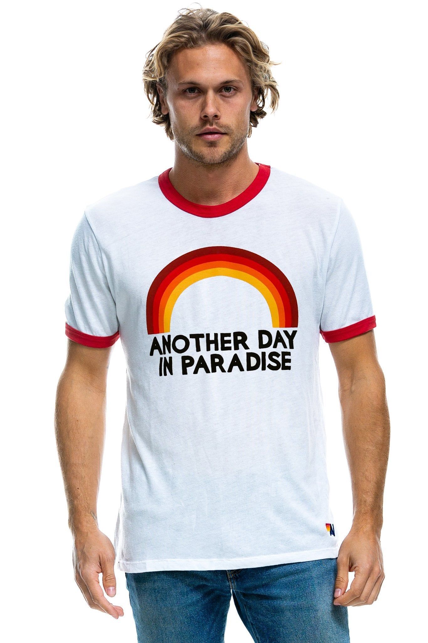 PARADISE RAINBOW CREW RINGER TEE - WHITE // RED sold by Aviator Nation