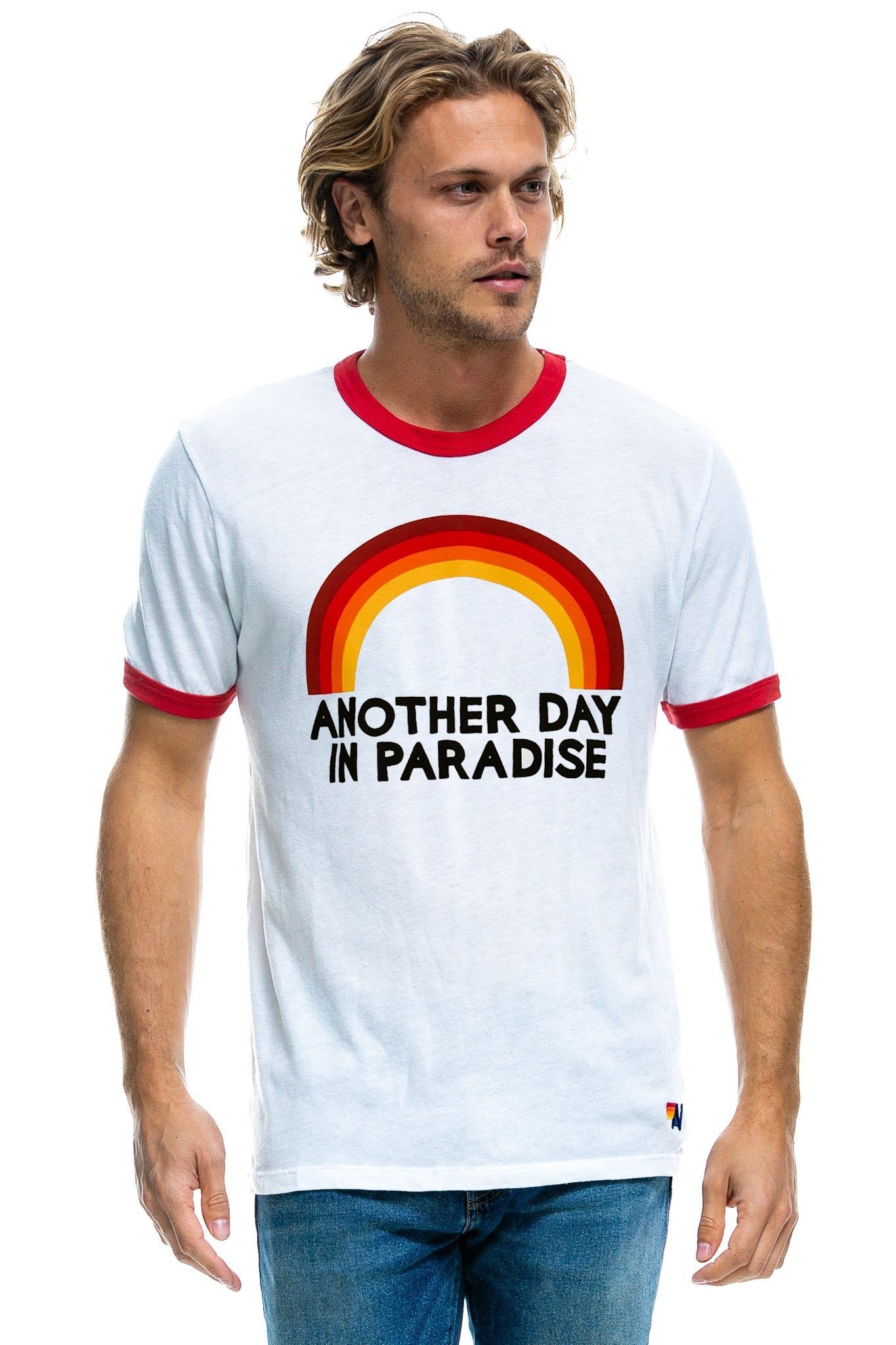 PARADISE RAINBOW CREW RINGER TEE - WHITE // RED sold by Aviator Nation product image thumbnail 2