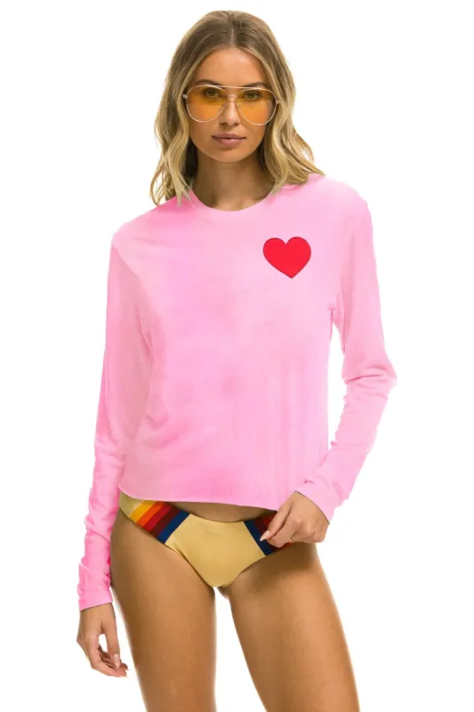 HEART PRINT LONG SLEEVE BOYFRIEND TEE - NEON PINK sold by Aviator Nation