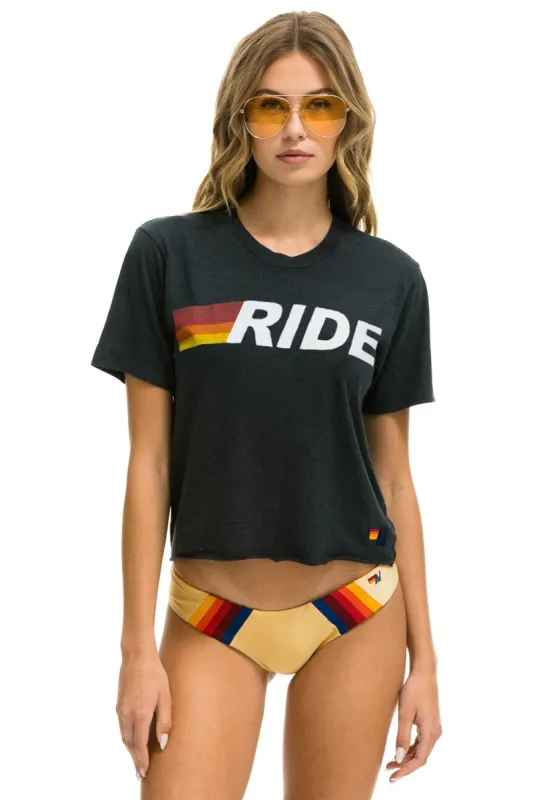 RIDE LOGO WHITE BOYFRIEND TEE - CHARCOAL sold by Aviator Nation