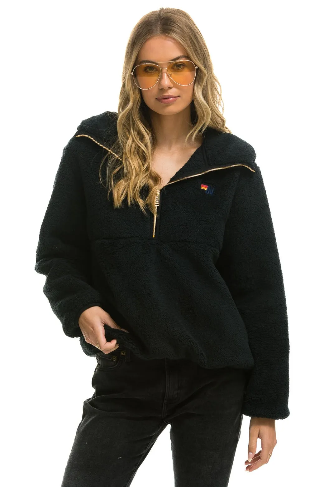 TEDDY UNISEX HOODED HALF ZIP JACKET - BLACK sold by Aviator Nation product image thumbnail 5