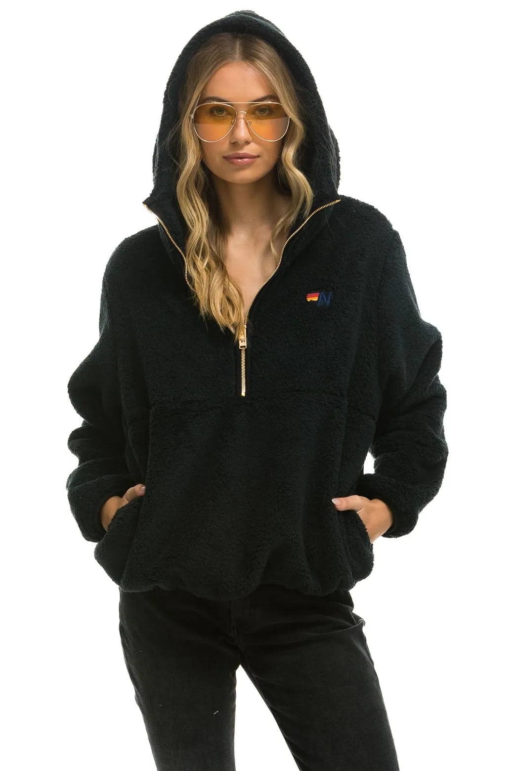 TEDDY UNISEX HOODED HALF ZIP JACKET - BLACK sold by Aviator Nation product image thumbnail 3