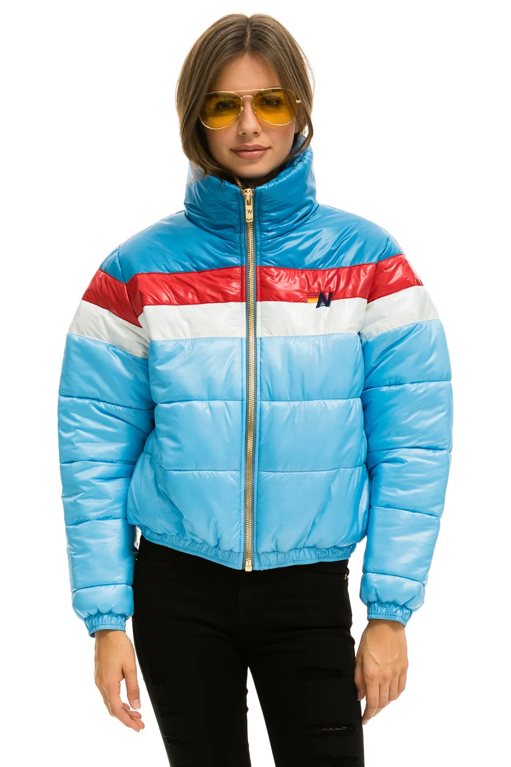 COLOR BLOCK LUXE APRES PUFFER JACKET - SKY GLOSSY sold by Aviator Nation