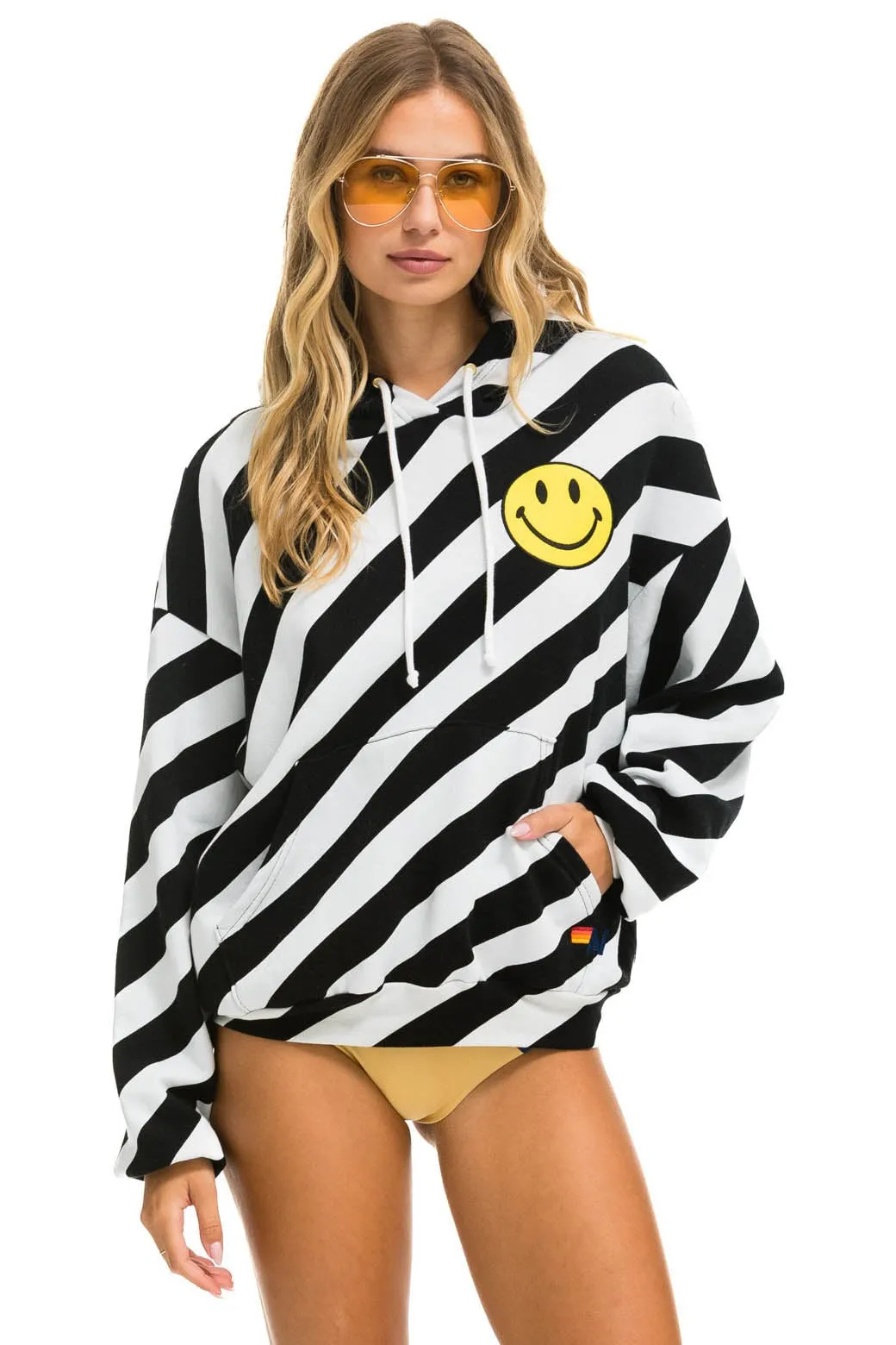 CAUTION SMILEY 2 EMBRIODERY RELAXED PULLOVER HOODIE - WHITE // BLACK sold by Aviator Nation