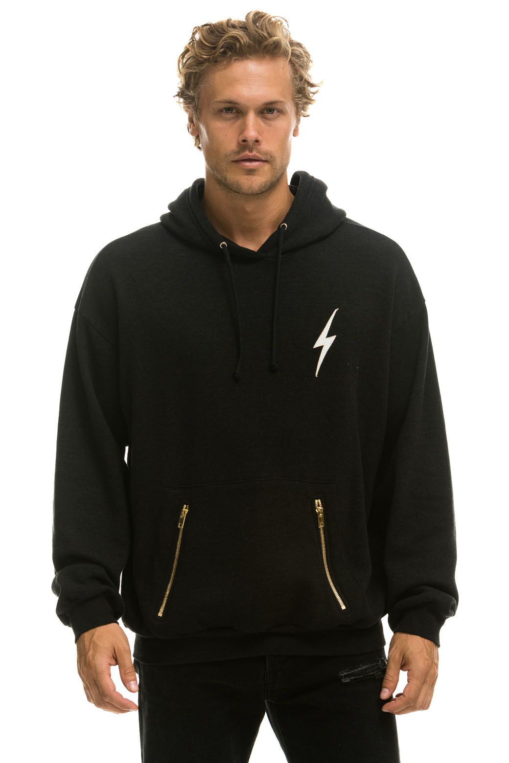BOLT STITCH RELAXED PULLOVER HOODIE WITH POCKET ZIPPERS - BLACK // WHITE sold by Aviator Nation product image thumbnail 2