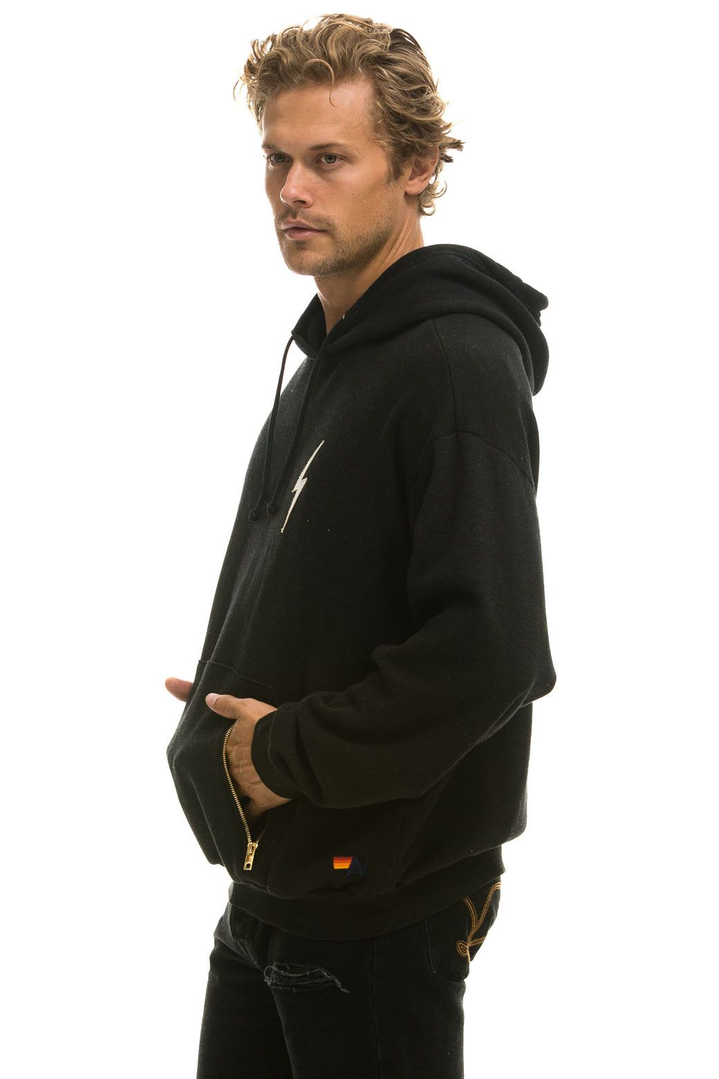 BOLT STITCH RELAXED PULLOVER HOODIE WITH POCKET ZIPPERS - BLACK // WHITE sold by Aviator Nation product image thumbnail 4