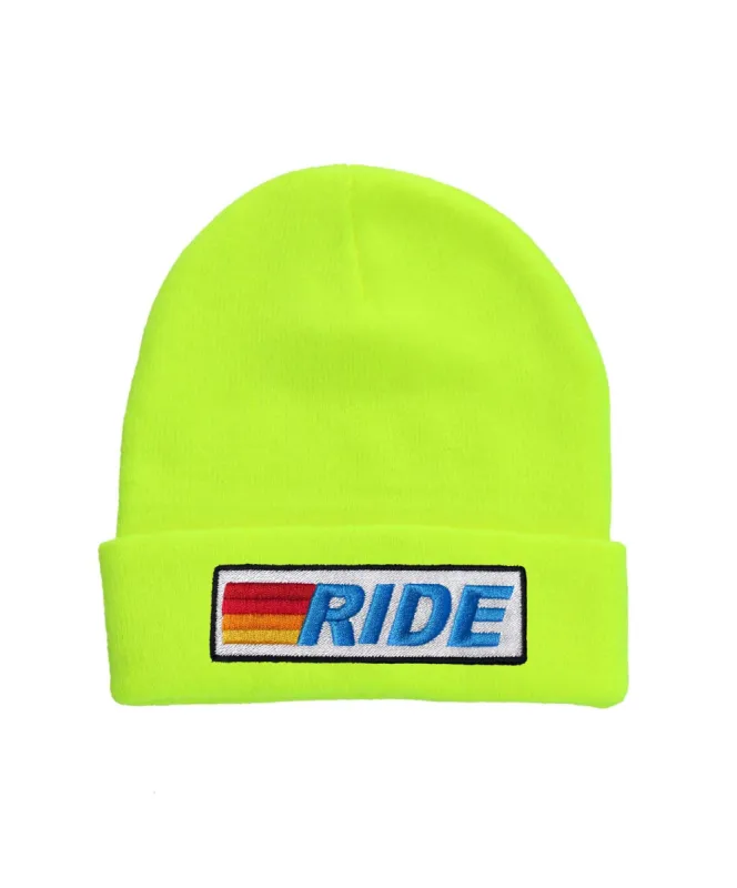 RIDE LOGO BEANIE - NEON YELLOW // WHITE sold by Aviator Nation