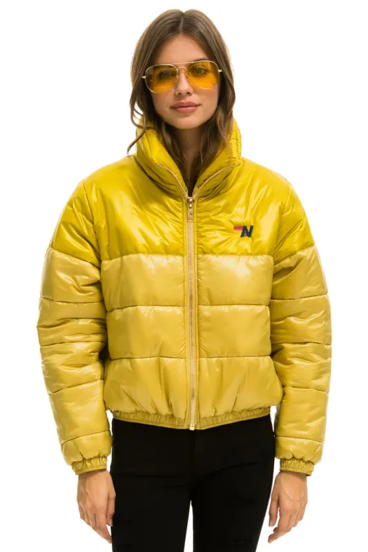 COLOR BLOCK HALF AND HALF APRES PUFFER JACKET - HONEY GLOSSY sold by Aviator Nation