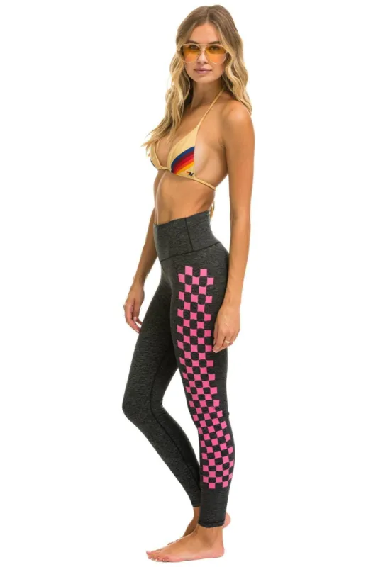 FULL LENGTH HI-RISE NEON PINK CHECKERBOARD LEGGINGS - CHARCOAL sold by Aviator Nation