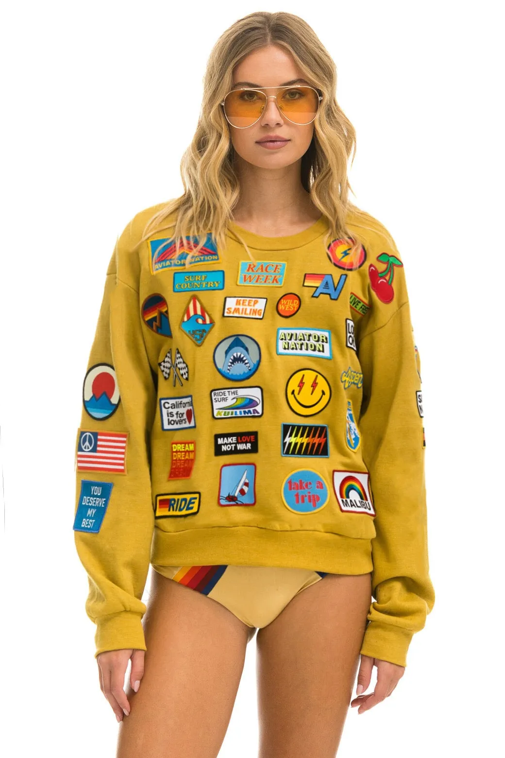 VINTAGE PATCH RELAXED CREW SWEATSHIRT - KHAKI sold by Aviator Nation