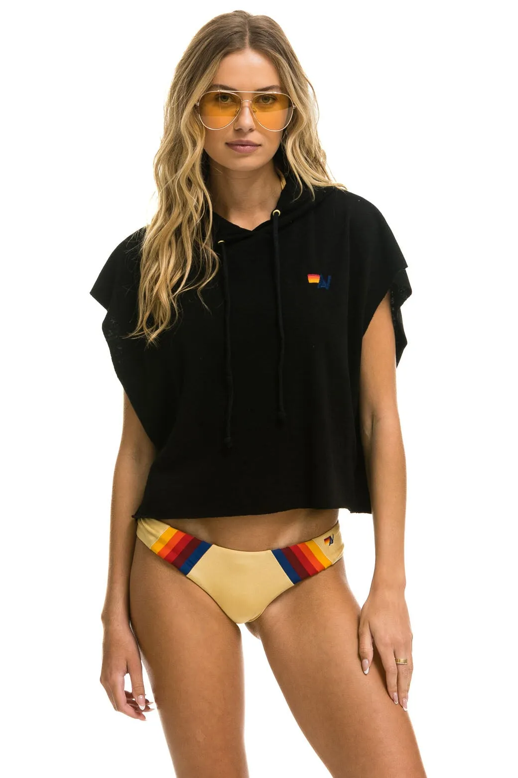 LOGO EMBROIDERY SLEEVELESS RELAXED CROPPED PULLOVER HOODIE - BLACK sold by Aviator Nation