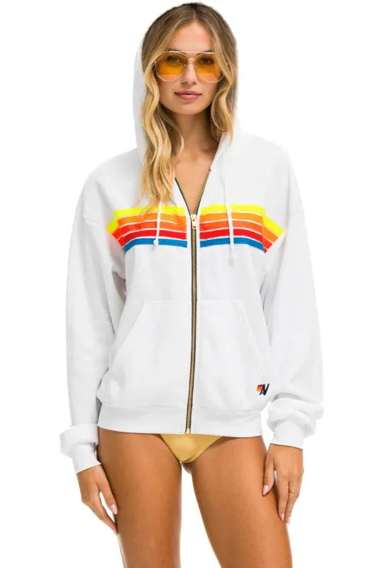 5 STRIPE RELAXED ZIP HOODIE - WHITE // NEON RAINBOW sold by Aviator Nation