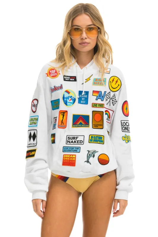 VINTAGE PATCH RELAXED PULLOVER HOODIE- WHITE sold by Aviator Nation