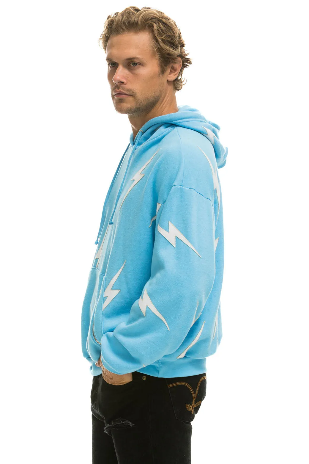 BOLT STITCH REPEAT RELAXED PULLOVER HOODIE WITH POCKET ZIPPERS - SKY // WHITE sold by Aviator Nation product image thumbnail 4