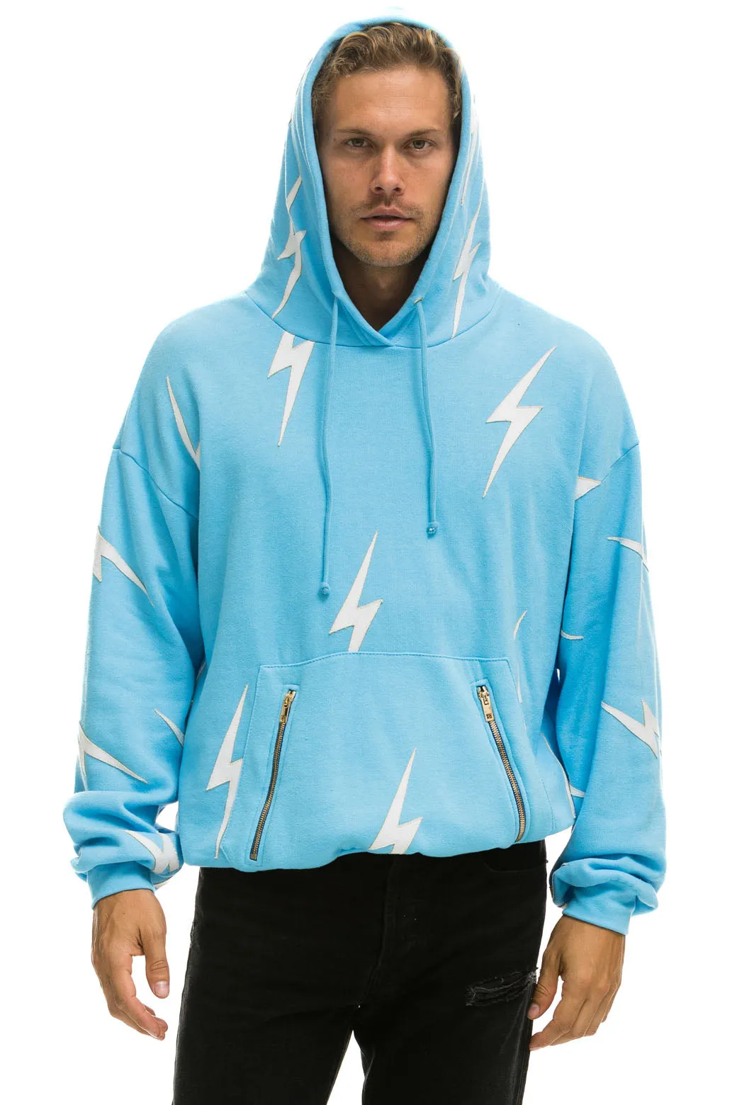 BOLT STITCH REPEAT RELAXED PULLOVER HOODIE WITH POCKET ZIPPERS - SKY // WHITE sold by Aviator Nation product image thumbnail 2
