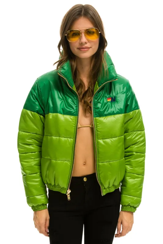 COLOR BLOCK HALF AND HALF APRES PUFFER JACKET - AMAZON GLOSSY sold by Aviator Nation