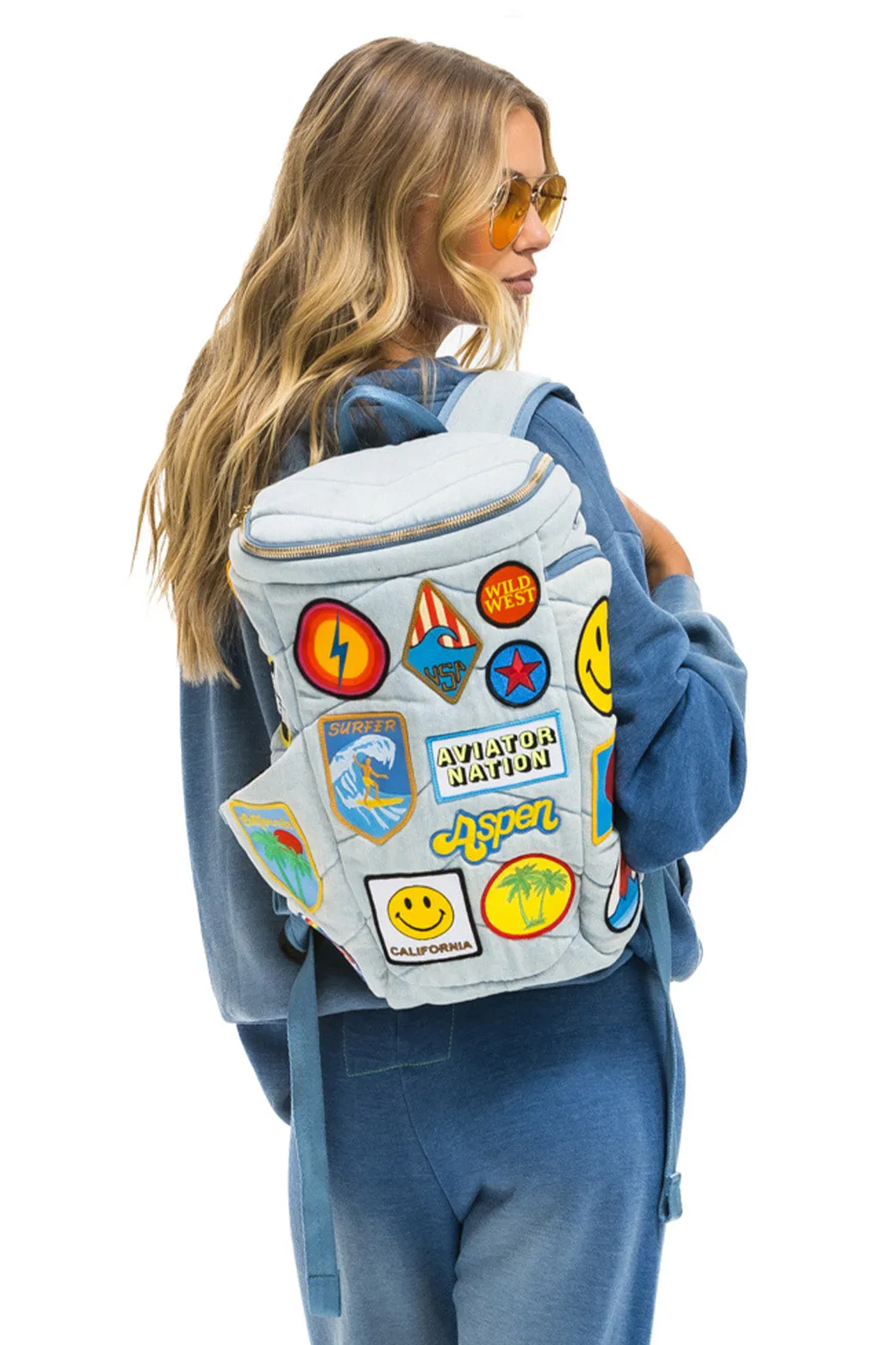 VINTAGE PATCH DENIM PUFFER BACKPACK - SUPER LIGHT VINTAGE sold by Aviator Nation
