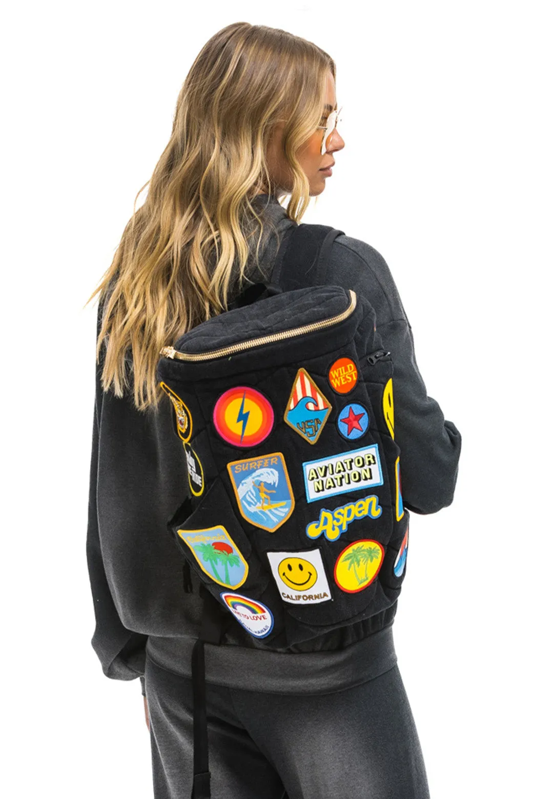 VINTAGE PATCH DENIM PUFFER BACKPACK - VINTAGE BLACK sold by Aviator Nation product image thumbnail 2