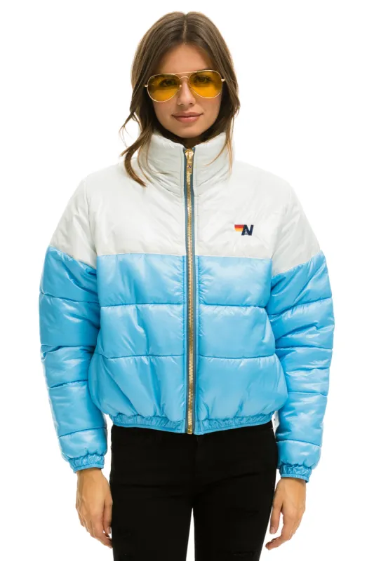 COLOR BLOCK HALF AND HALF APRES PUFFER JACKET - WHITE GLOSSY sold by Aviator Nation