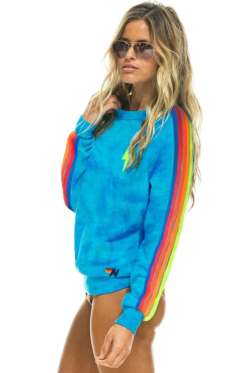 HAND DYED BOLT EMBROIDERY CLASSIC CREW SWEATSHIRT - NEON BLUE // NEON RAINBOW sold by Aviator Nation product image thumbnail 2