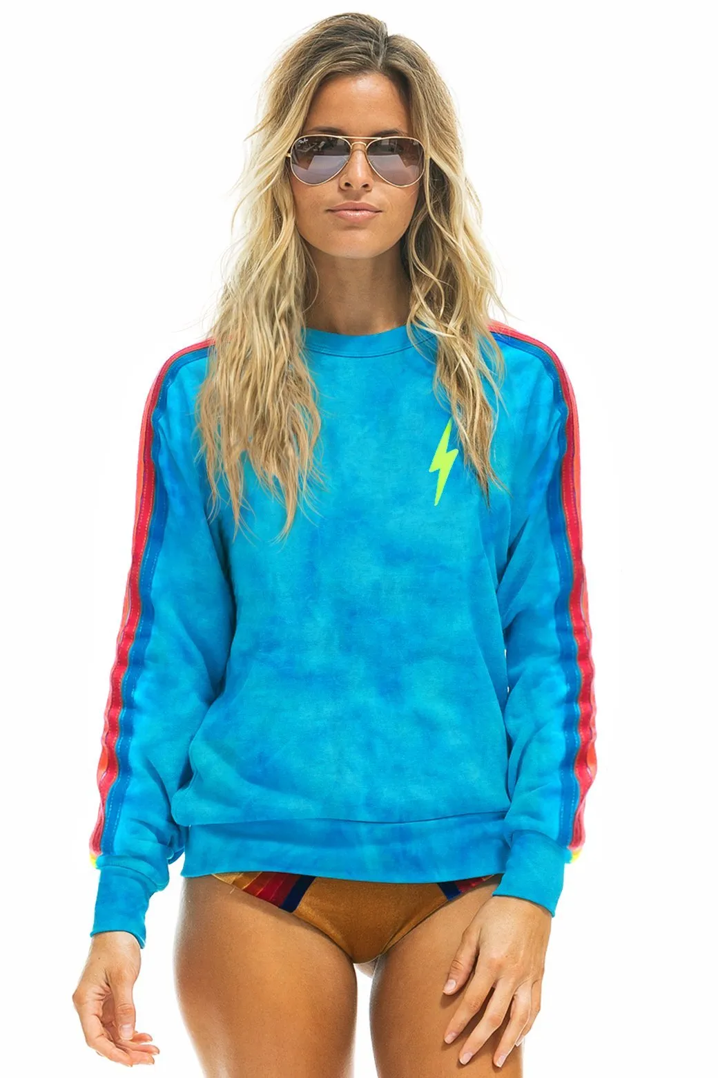 HAND DYED BOLT EMBROIDERY CLASSIC CREW SWEATSHIRT - NEON BLUE // NEON RAINBOW sold by Aviator Nation