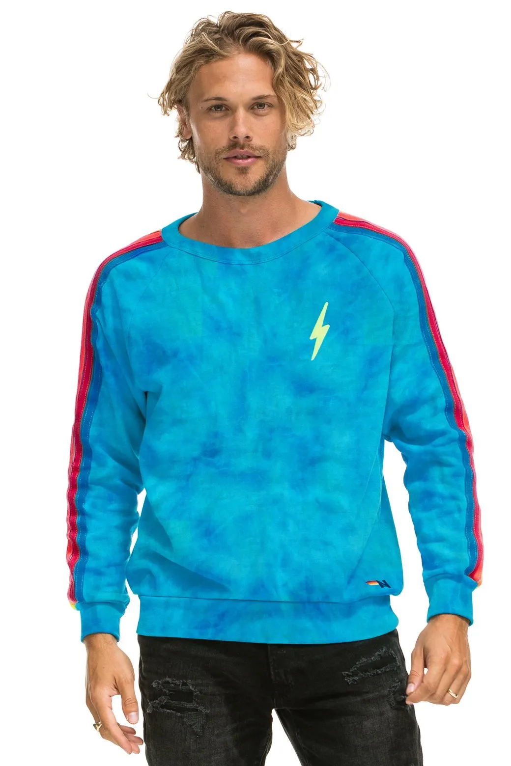 HAND DYED BOLT EMBROIDERY CLASSIC CREW SWEATSHIRT - NEON BLUE // NEON RAINBOW sold by Aviator Nation product image thumbnail 3