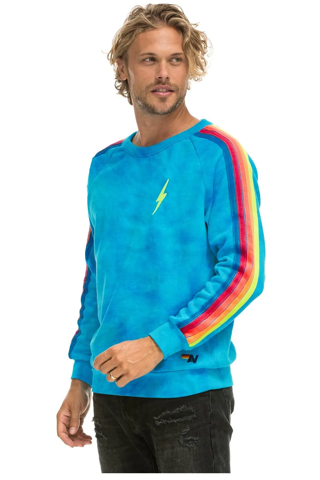 HAND DYED BOLT EMBROIDERY CLASSIC CREW SWEATSHIRT - NEON BLUE // NEON RAINBOW sold by Aviator Nation product image thumbnail 4
