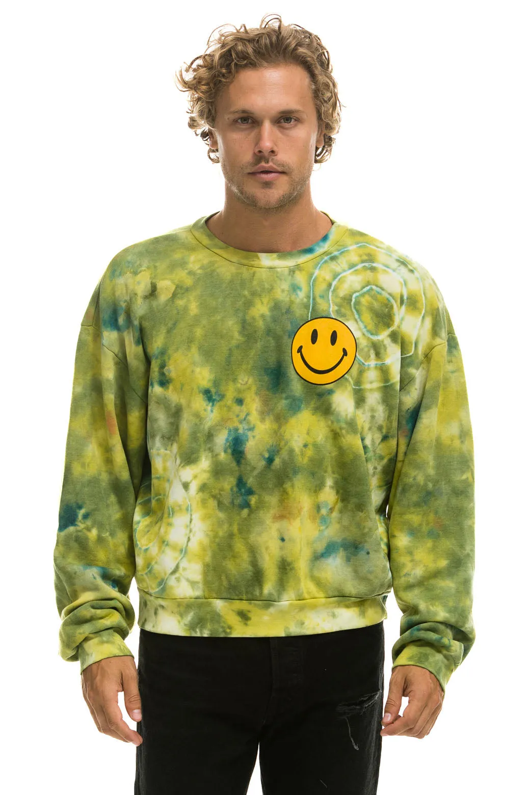 HAND DYED SMILEY 2 CREW SWEATSHIRT RELAXED - TIE DYE GREEN YELLOW sold by Aviator Nation product image thumbnail 2