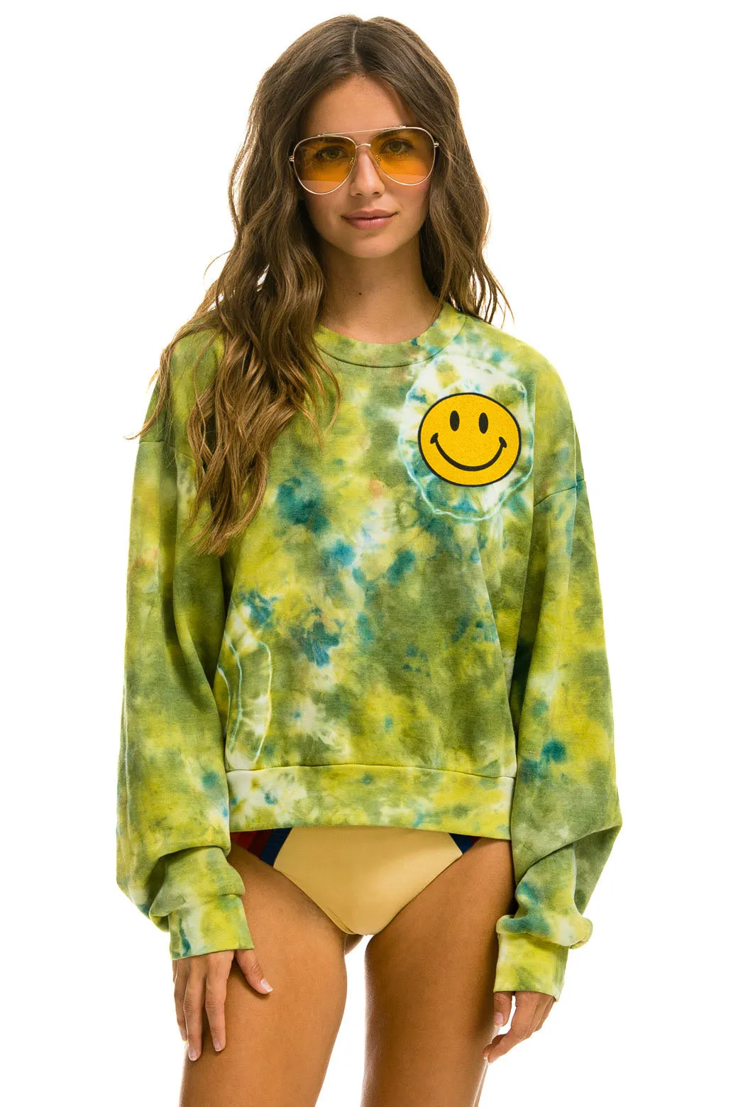 HAND DYED SMILEY 2 CREW SWEATSHIRT RELAXED - TIE DYE GREEN YELLOW sold by Aviator Nation product image thumbnail 3