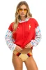 MEMBER EXCLUSIVE: AVIATOR BOLT COLOR BLOCK W/ BOLT EMBROIDERY RELAXED CROPPED PULLOVER HOODIE - RED // USA sold by Aviator Nation