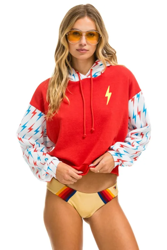 MEMBER EXCLUSIVE: AVIATOR BOLT COLOR BLOCK W/ BOLT EMBROIDERY RELAXED CROPPED PULLOVER HOODIE - RED // USA sold by Aviator Nation