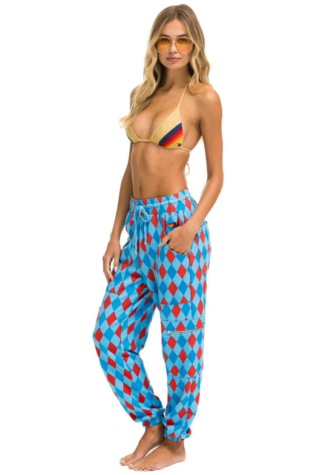 MEMBER EXCLUSIVE: DIAMOND REPEAT SMILEY 2 EMBROIDERY CARGO COLOR BLOCK SWEATPANTS - SKY sold by Aviator Nation product image thumbnail 3