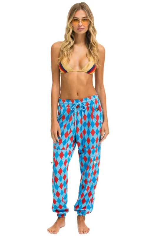 MEMBER EXCLUSIVE: DIAMOND REPEAT SMILEY 2 EMBROIDERY CARGO COLOR BLOCK SWEATPANTS - SKY sold by Aviator Nation
