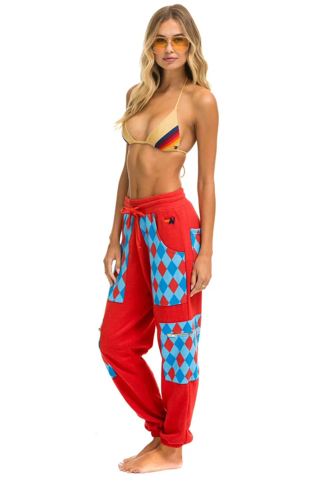 MEMBER EXCLUSIVE: DIAMOND SMILEY 2 EMBROIDERY CARGO COLOR BLOCK SWEATPANTS - RED //SKY sold by Aviator Nation product image thumbnail 2