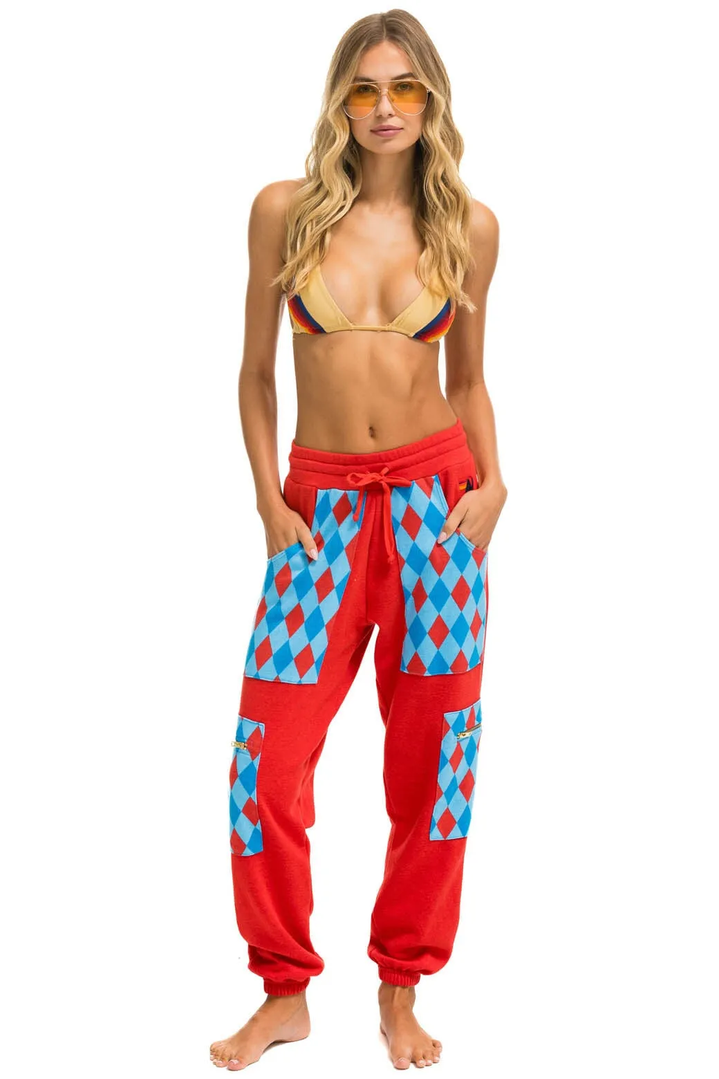 MEMBER EXCLUSIVE: DIAMOND SMILEY 2 EMBROIDERY CARGO COLOR BLOCK SWEATPANTS - RED //SKY sold by Aviator Nation