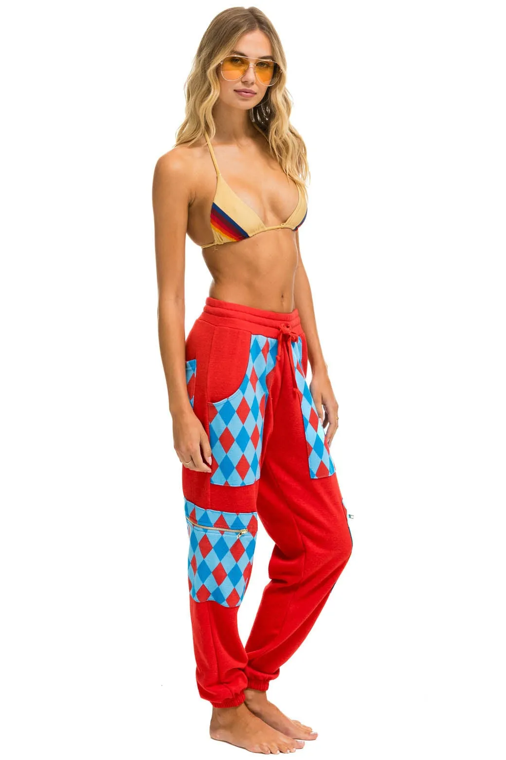 MEMBER EXCLUSIVE: DIAMOND SMILEY 2 EMBROIDERY CARGO COLOR BLOCK SWEATPANTS - RED //SKY sold by Aviator Nation product image thumbnail 4