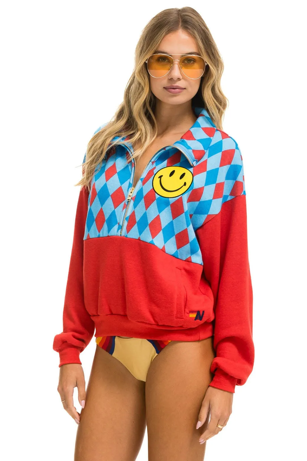 MEMBER EXCLUSIVE: DIAMOND SMILEY 2 FLEECE HALF ZIP COLOR BLOCK SWEATSHIRT - RED // SKY sold by Aviator Nation product image thumbnail 3