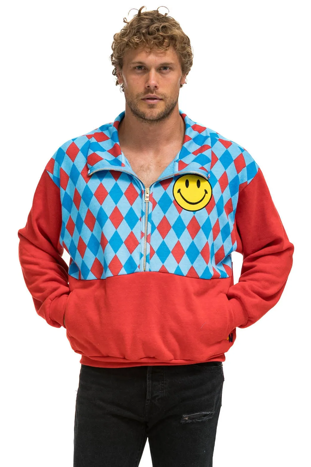 MEMBER EXCLUSIVE: DIAMOND SMILEY 2 FLEECE HALF ZIP COLOR BLOCK SWEATSHIRT - RED // SKY sold by Aviator Nation product image thumbnail 2