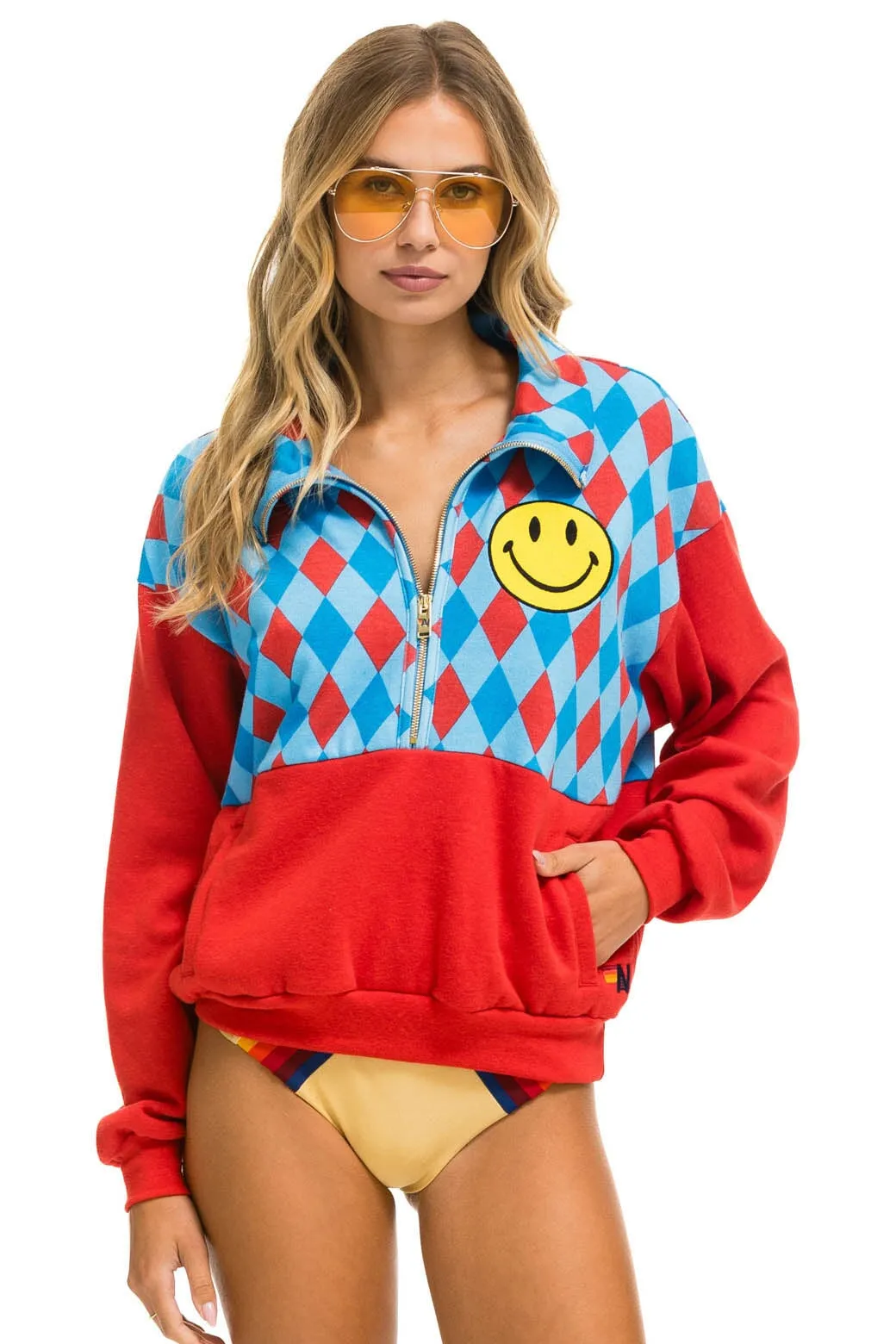 MEMBER EXCLUSIVE: DIAMOND SMILEY 2 FLEECE HALF ZIP COLOR BLOCK SWEATSHIRT - RED // SKY sold by Aviator Nation