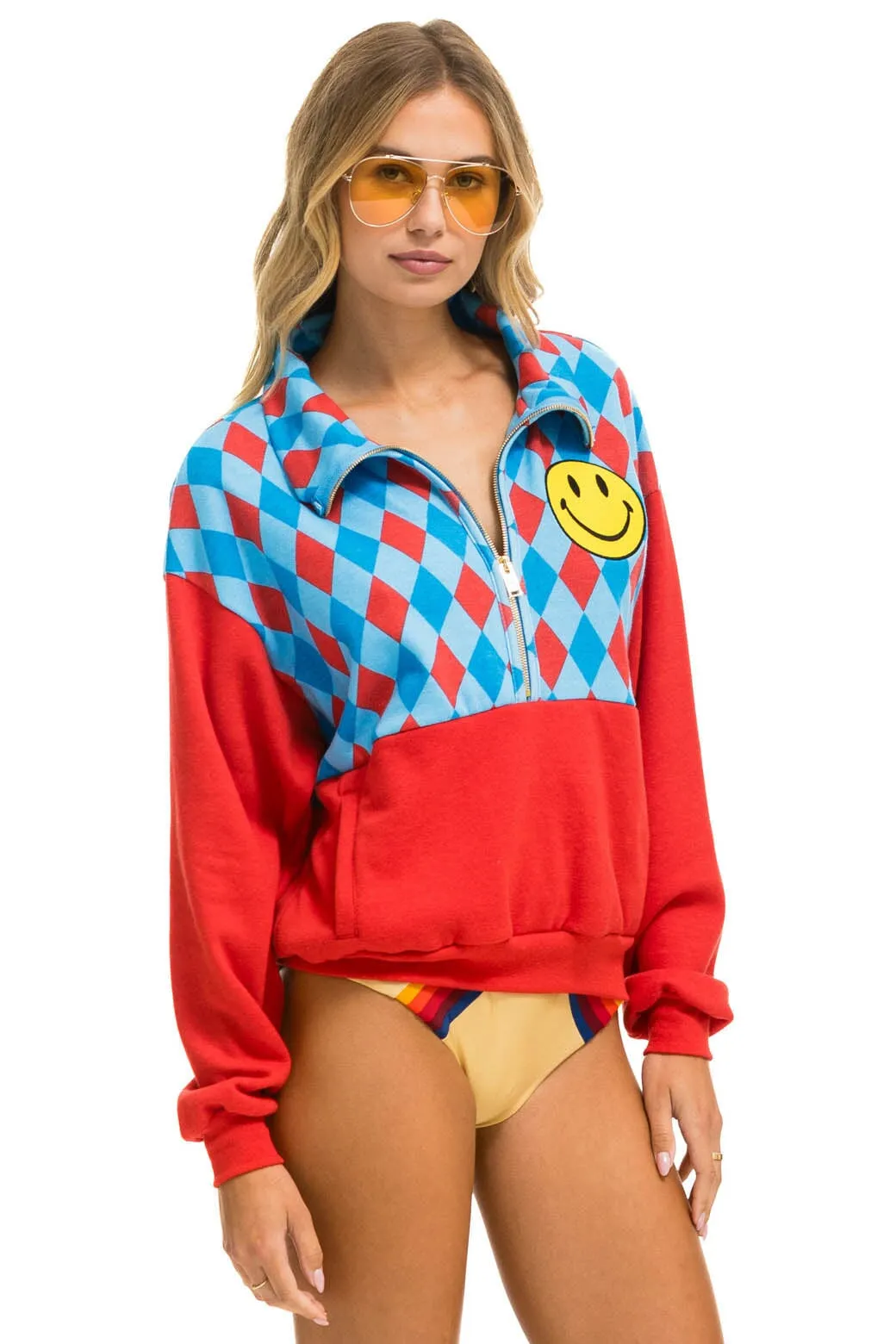 MEMBER EXCLUSIVE: DIAMOND SMILEY 2 FLEECE HALF ZIP COLOR BLOCK SWEATSHIRT - RED // SKY sold by Aviator Nation product image thumbnail 5