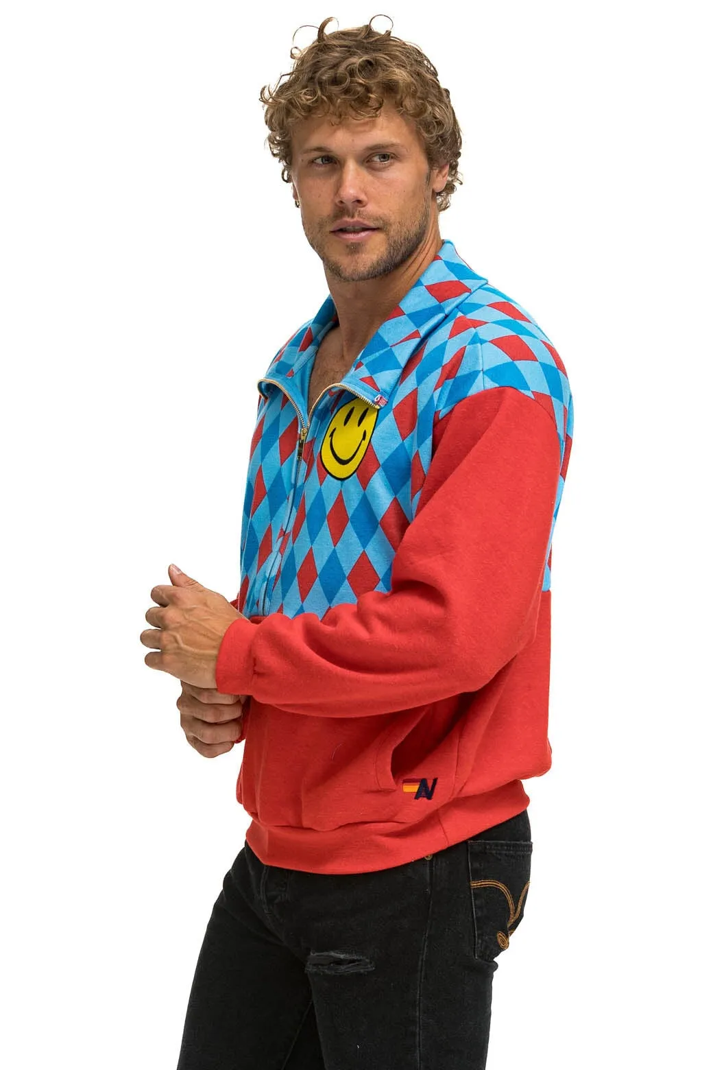 MEMBER EXCLUSIVE: DIAMOND SMILEY 2 FLEECE HALF ZIP COLOR BLOCK SWEATSHIRT - RED // SKY sold by Aviator Nation product image thumbnail 4