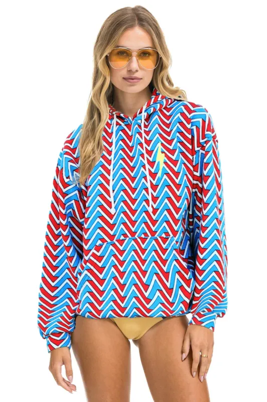 MEMBER EXCLUSIVE: GEO ZIG BOLT EMBROIDERY RELAXED PULLOVER HOODIE - RED // BLUE sold by Aviator Nation