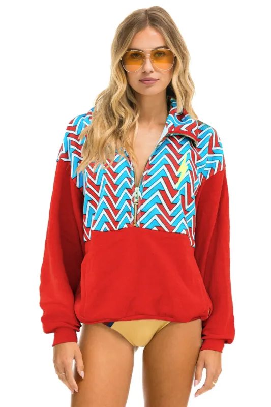 MEMBER EXCLUSIVE: GEO ZIG BOLT EMBROIDERY FLEECE HALF ZIP COLOR BLOCK SWEATSHIRT - RED // BLUE sold by Aviator Nation